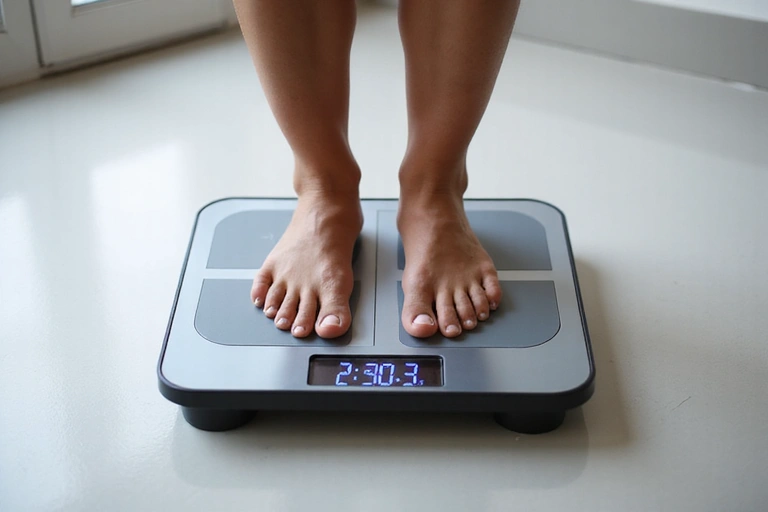 Osoba ważąca się na zaawansowanej wadze do analizy składu ciała